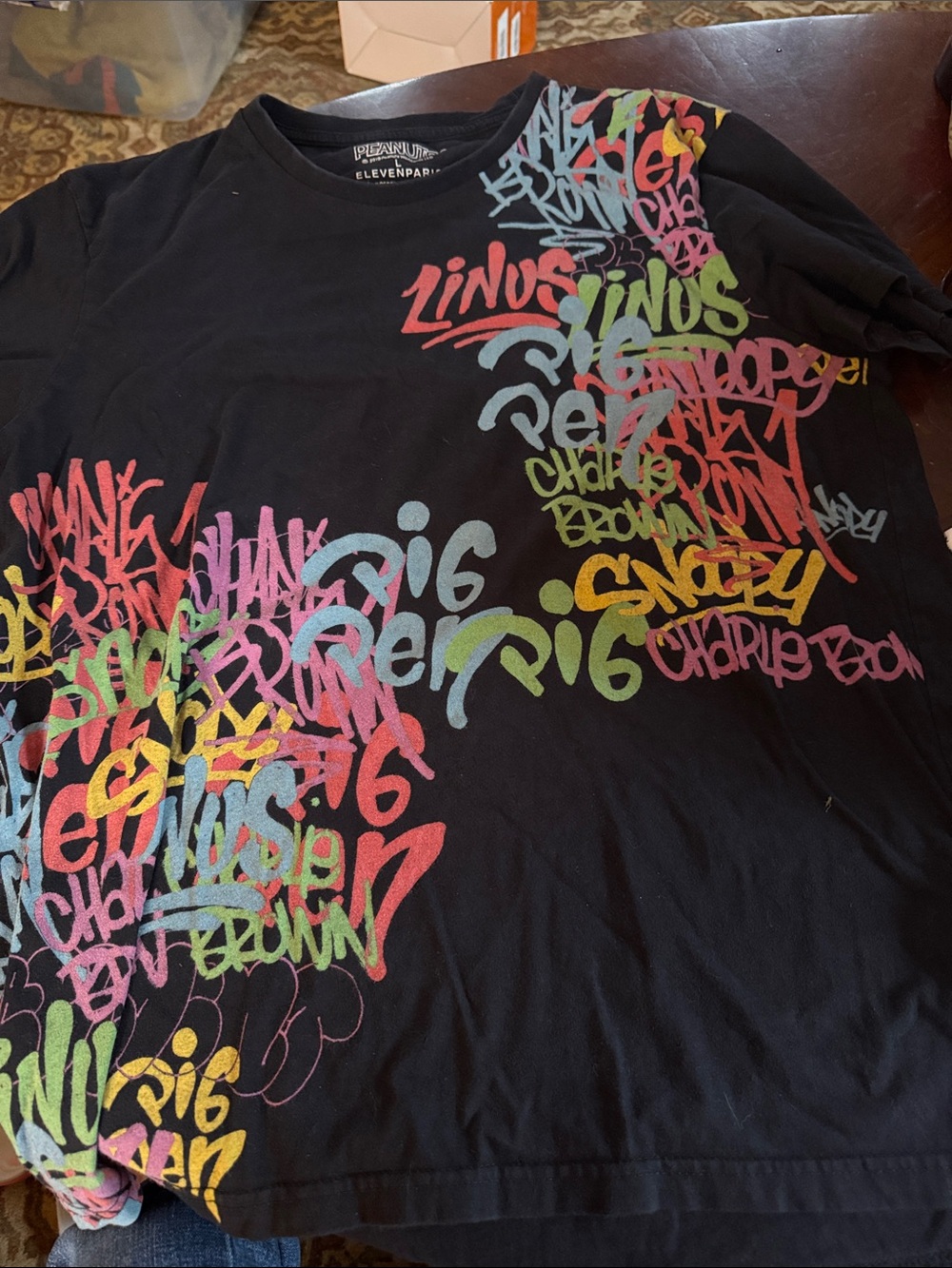Eleven Paris  PEANUTS  Mens. Black Tee with Multicolor Graffiti Script